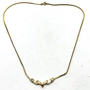 Opalescent Bead Collar Necklace Gold Tone Red Rhinestone Accent Glam Bling Party